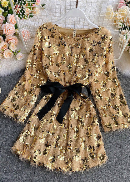 Vogue Yellow O-neck Tassel Sequins Bow Fuzzy Fur Fluffy Mid Dresses Spring