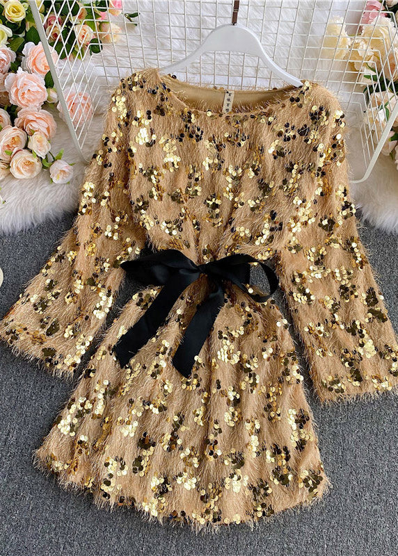 Vogue Yellow O-neck Tassel Sequins Bow Fuzzy Fur Fluffy Mid Dresses Spring