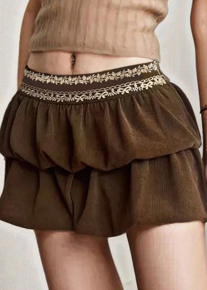 Brown Zippered Lace High Waist Corduroy Skirts Summer