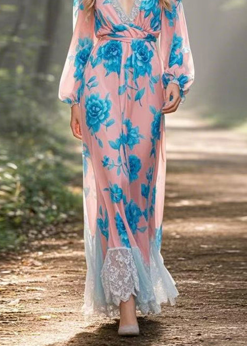 V Neck Lace Print Patchwork Chiffon Dress Spring