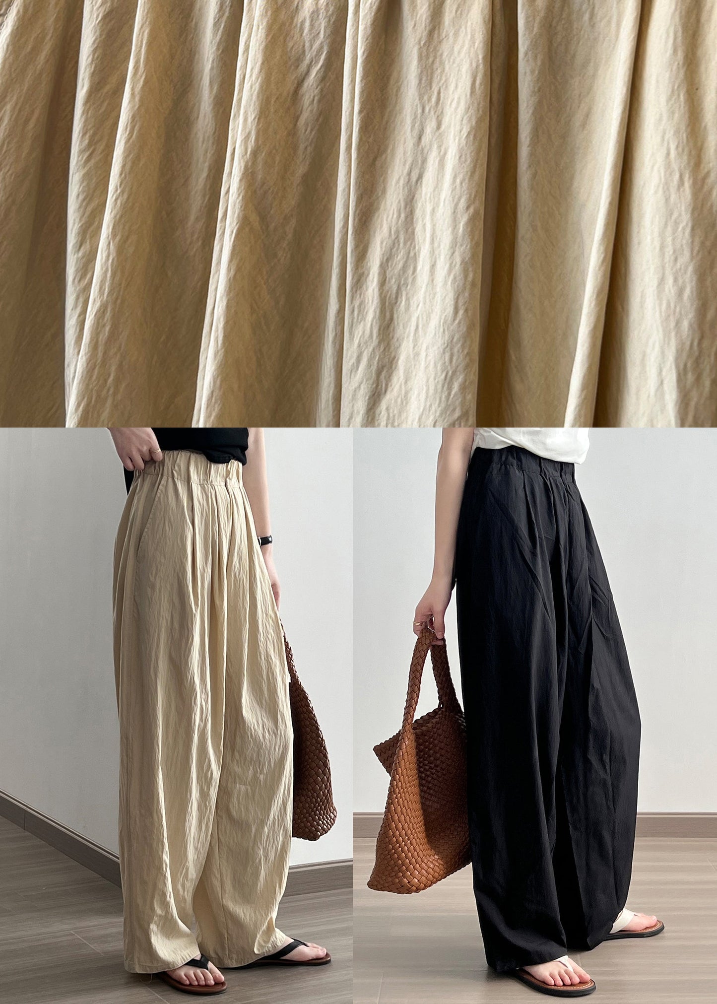 Khaki High Waist Wrinkled Cotton Wide Leg Pants Fall