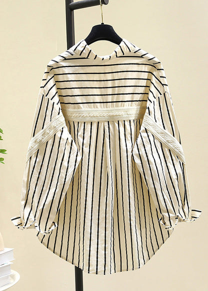 Black Peter Pan Collar Striped Cotton Blouse Top Fall