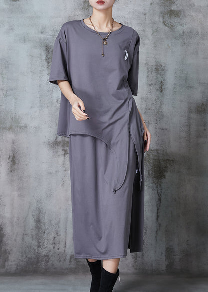 Grey Asymmetrical Side Open Cotton Two Pieces Set Summer