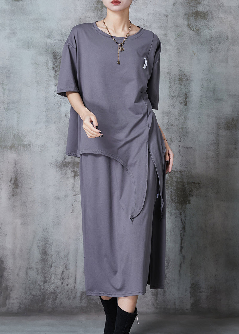 Grey Asymmetrical Side Open Cotton Two Pieces Set Summer