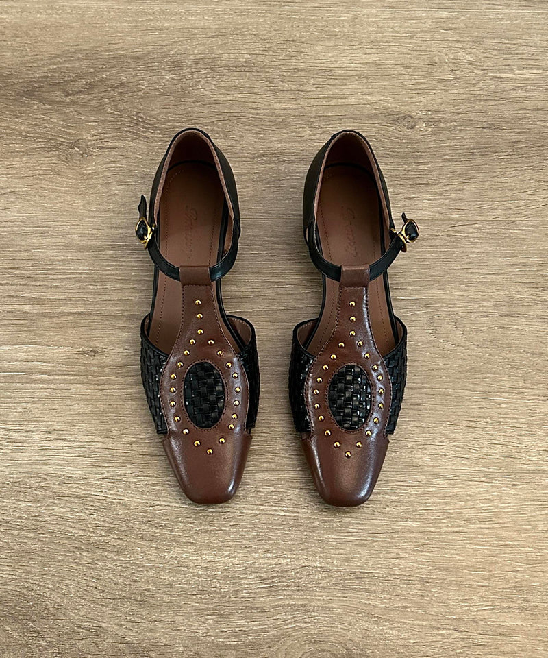 French Apricot Hollow Out Woven Square Head Rivet Sandals