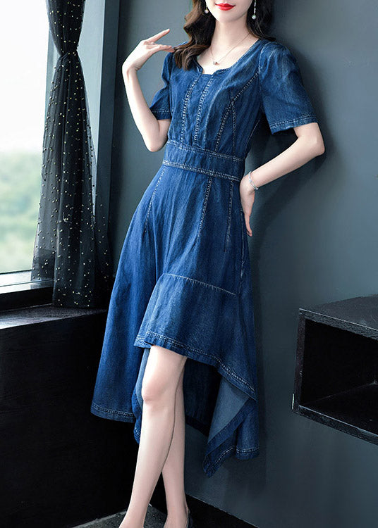 Classy Blue O-neck Asymmetrical Patchwork Cotton Holiday Denim Maxi Dress Short Sleeve