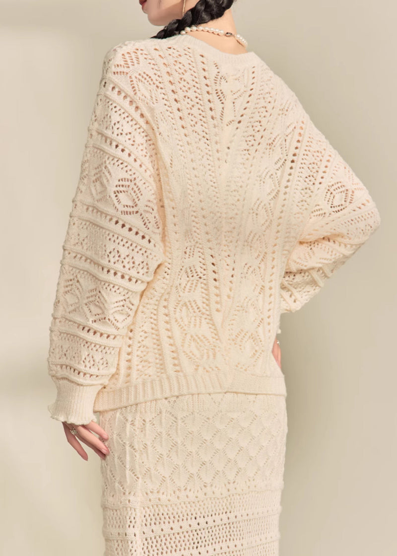Apricot V Neck Button Knit Cardigans and Maxi Skirts Two Pieces Set Fall