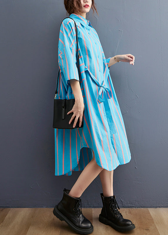 Blue Striped Peter Pan Collar Button Tie Waist Shirt Dress Half Sleeve