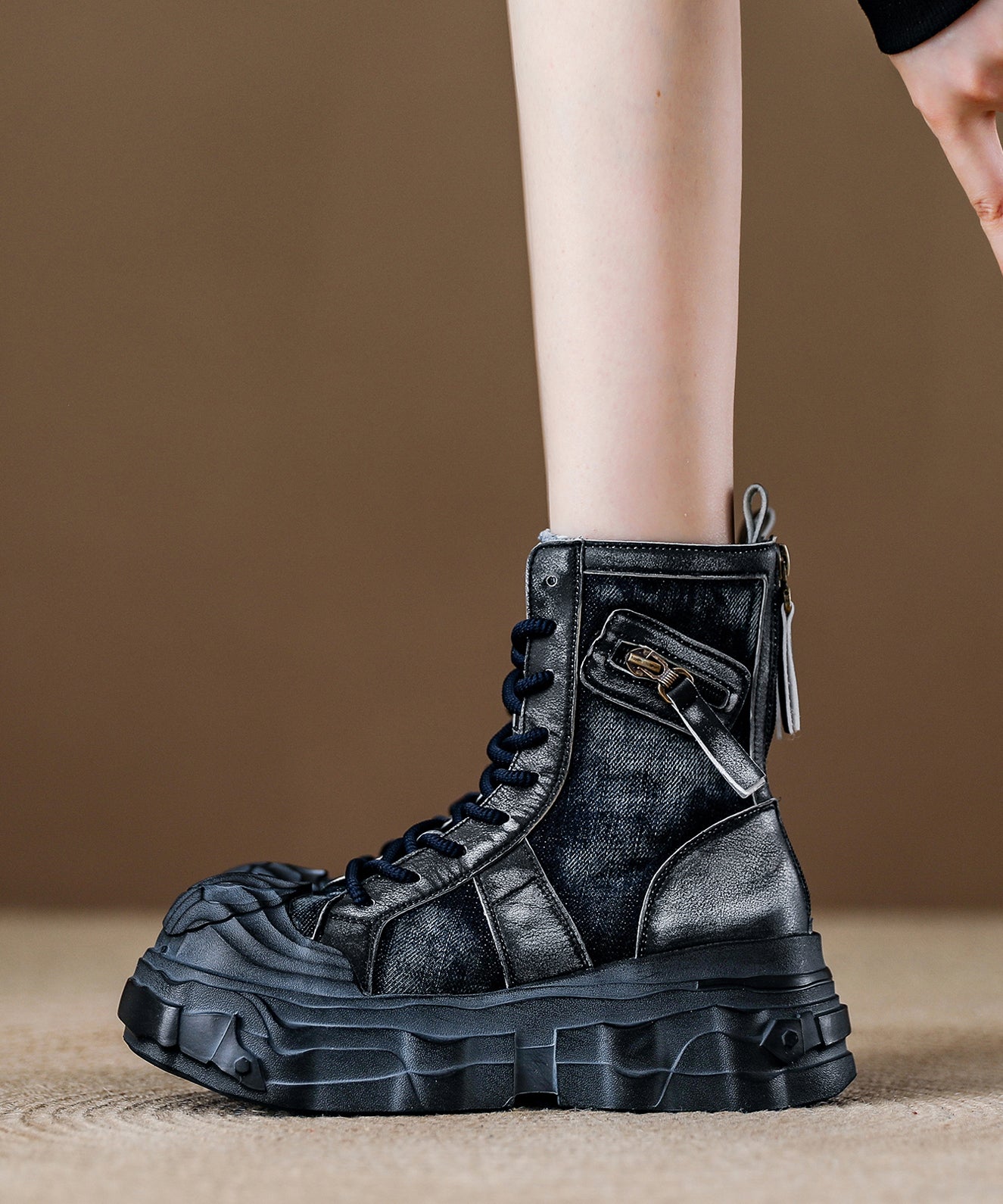 Navy Canvas Lace Up Splicing Platform Boots