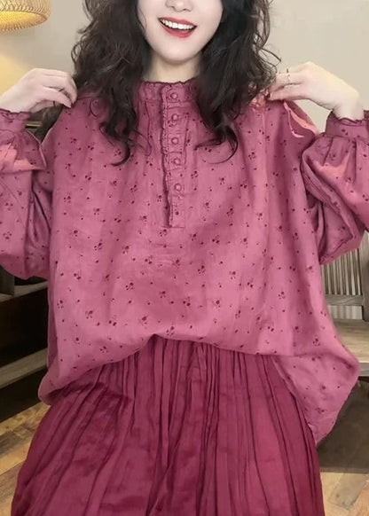 Pink Button Print Cotton Blouse Top Spring