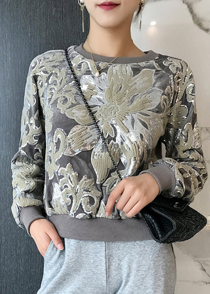 Grey O-neck Embroideried Velour Sweatshirt Long Sleeve