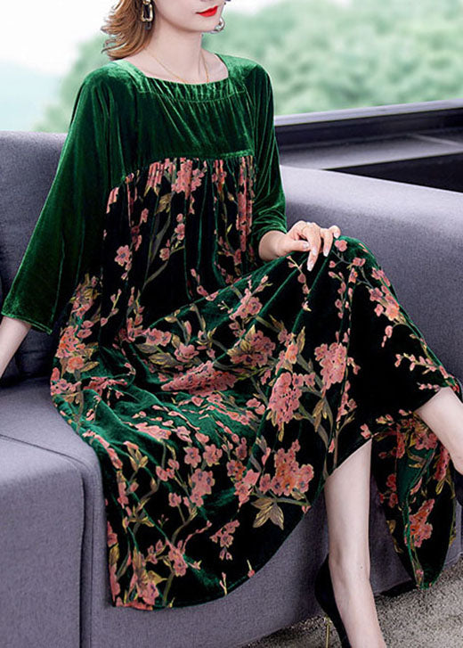 Green Patchwork Print Velour Dresses Winter