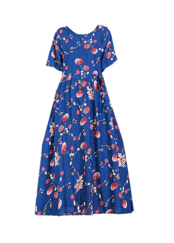 Beach Blue O-neck Print Drawstring Tie Waist Linen Vacation Dresses Short Sleeve