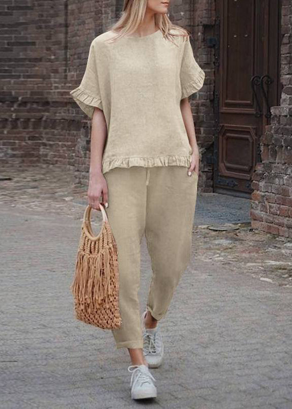 Khaki Ruffled Patchwork Top and Crop Pants Two Pieces Set Short Sleeve