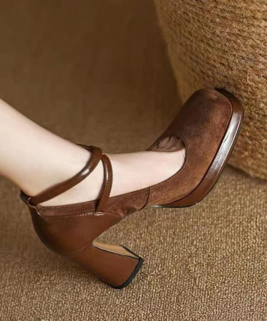 Brown High Heels Suede Cross Strap Splicing