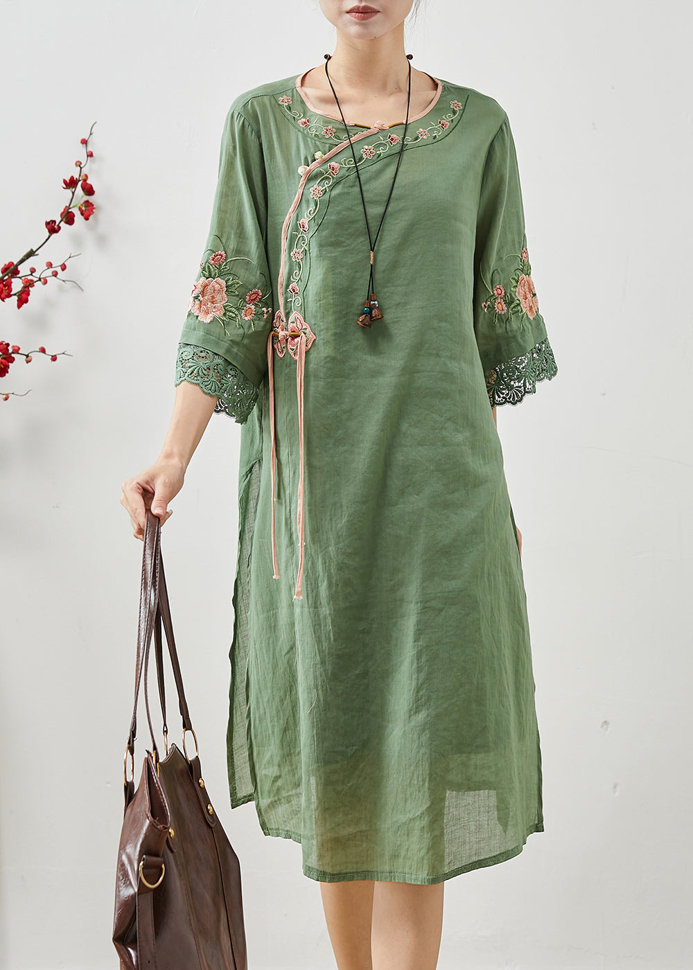 Green Tasseled Embroidered Linen Dresses Summer