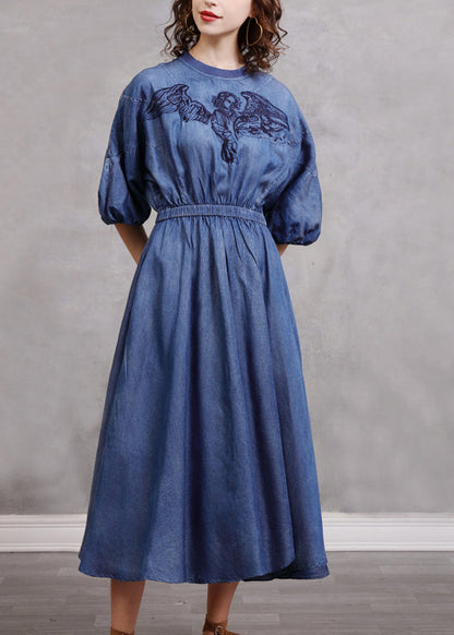 Blue Embroidered Elastic Waist Long Denim Dress Lantern Sleeve