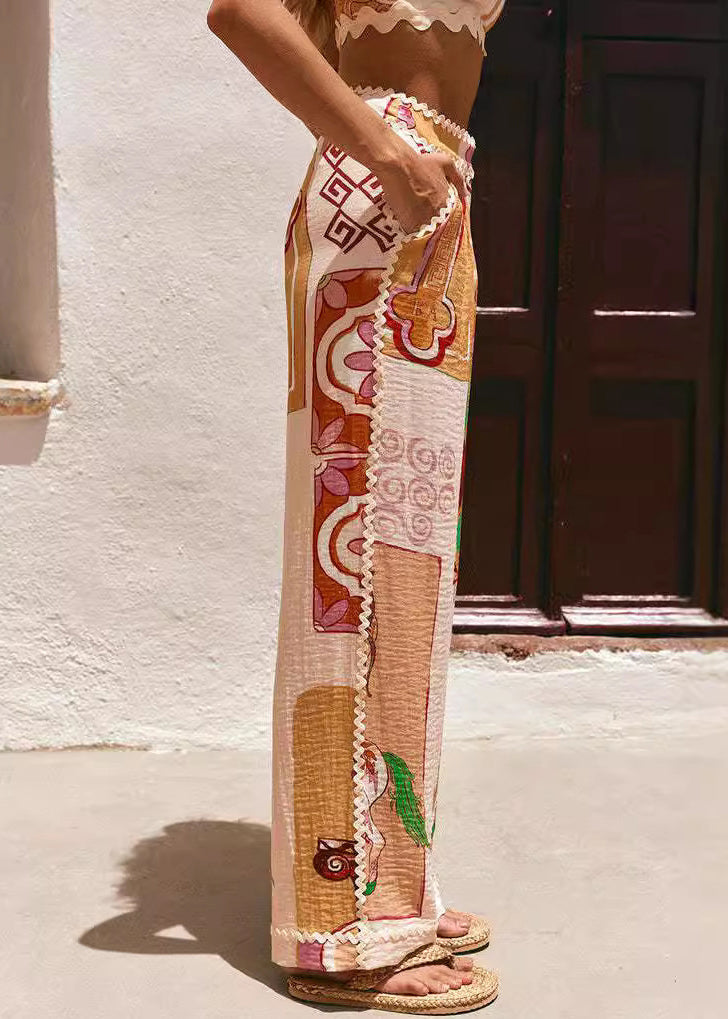 Natural Peter Pan Collar Print Shirts and Wide Leg Pants Two Pieces Set Short Sleeve