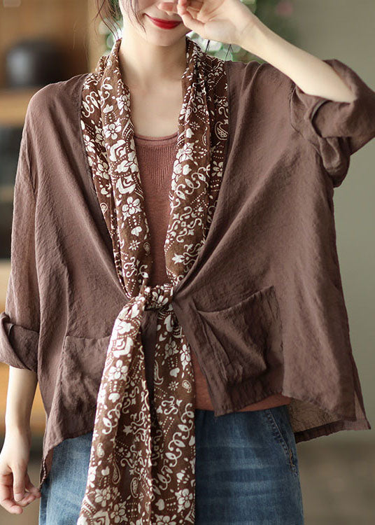 Coffee Colorblock Pockets Print Linen Upf 50+ Coat Long Sleeve
