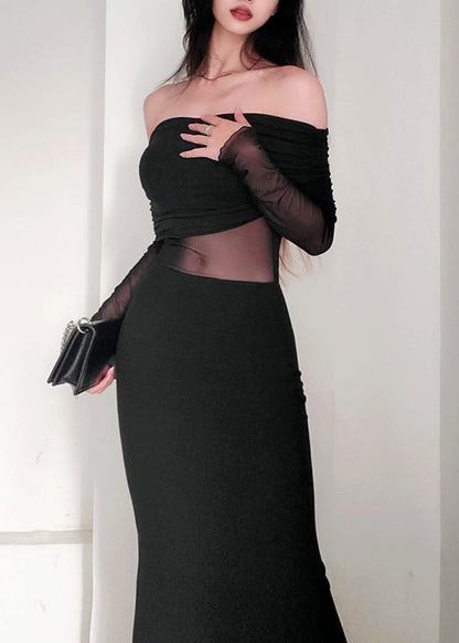 Black Slash Neck Tulle Patchwork Long Dress Spring