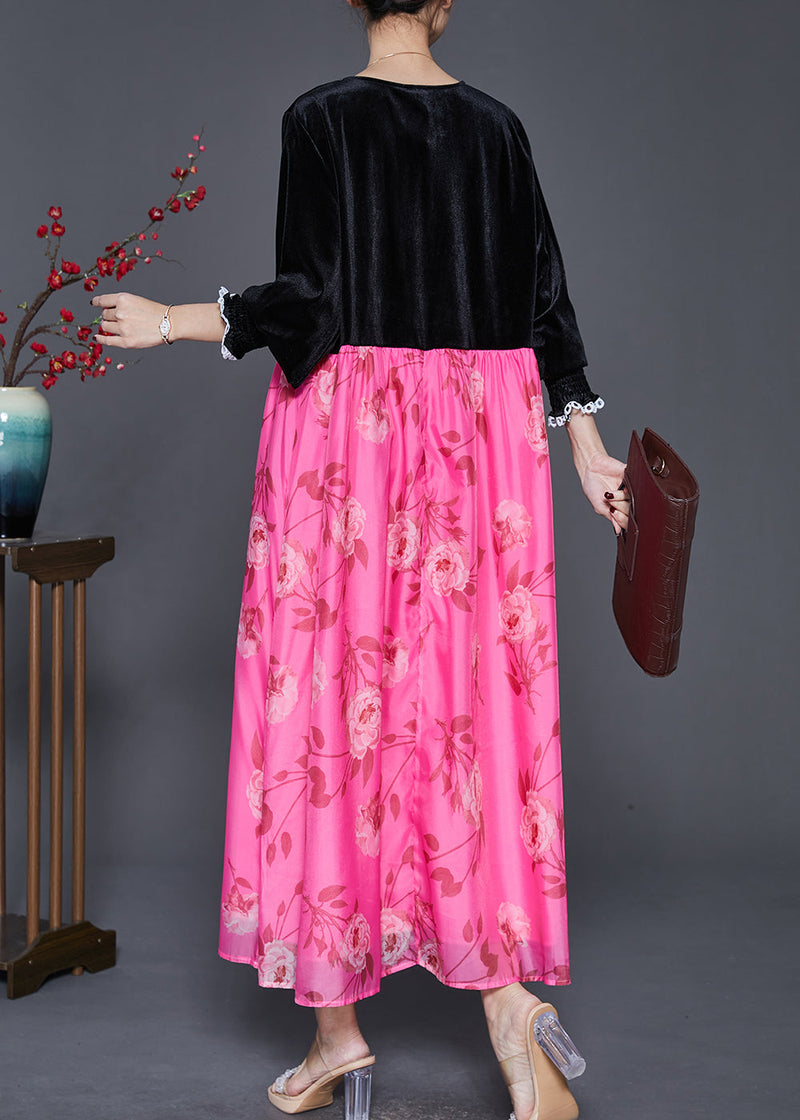Black Oversized Patchwork Silk Velour Long Dresses Spring