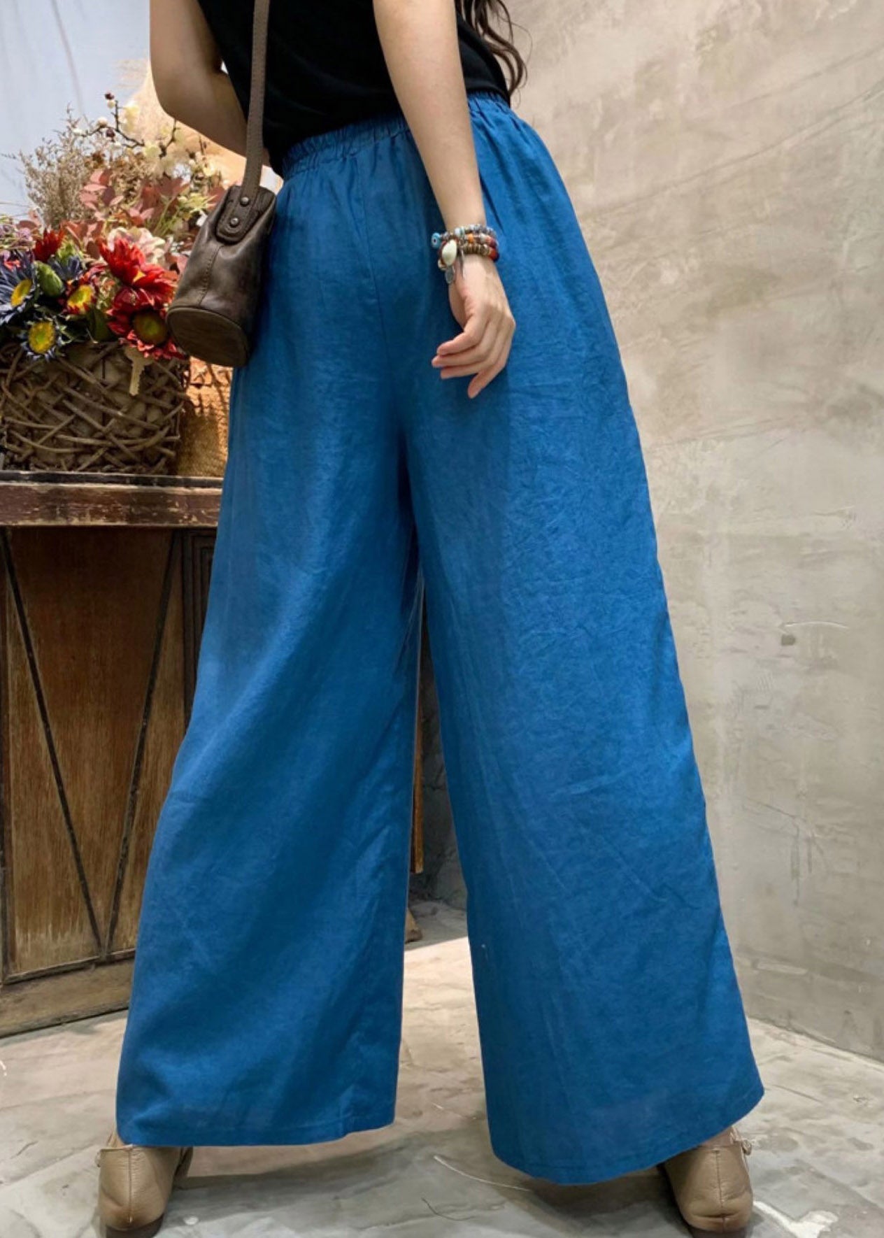 Blue Loose Linen Wide Leg Pants Elastic Waist Summer