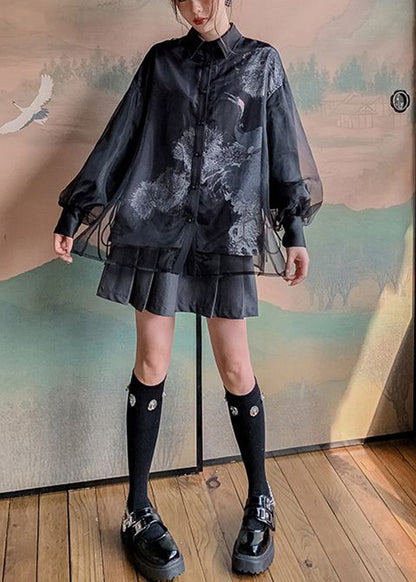 Stylish Black Layered Patchwork Red-crowned Crane Print Tulle Shirts Fall