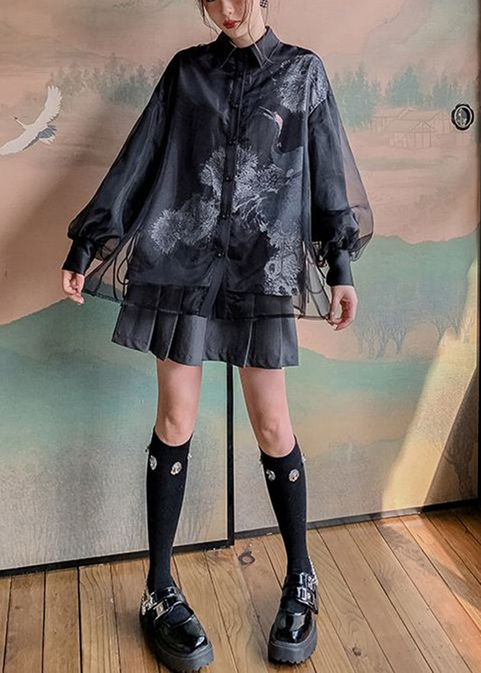 Stylish Black Layered Patchwork Red-crowned Crane Print Tulle Shirts Fall