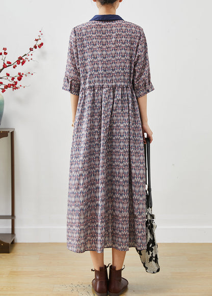 Cinched Print Cotton Long Dress Half Sleeve