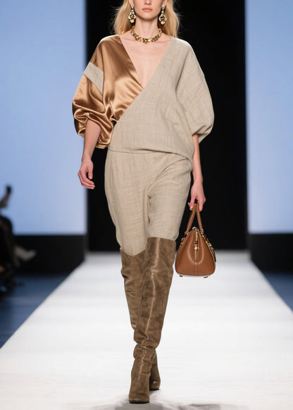 Asymmetrical Silk Patchwork Linen Jumpsuit Batwing Sleeve