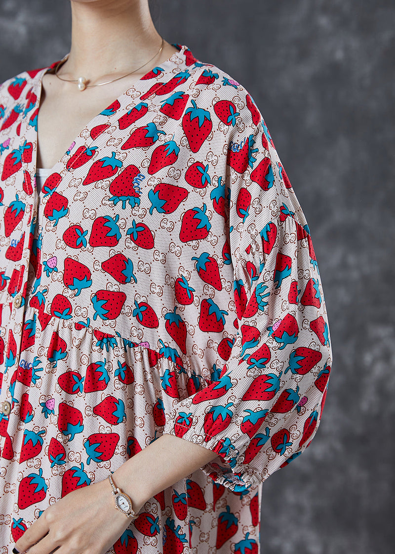 Khaki Oversized Strawberry Print Cotton Two Pieces Set Summer