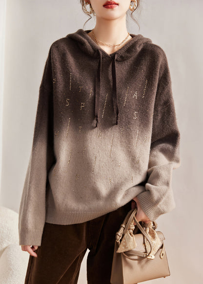Khaki Hooded Gradient Color Knit Sweatshirts Top Winter