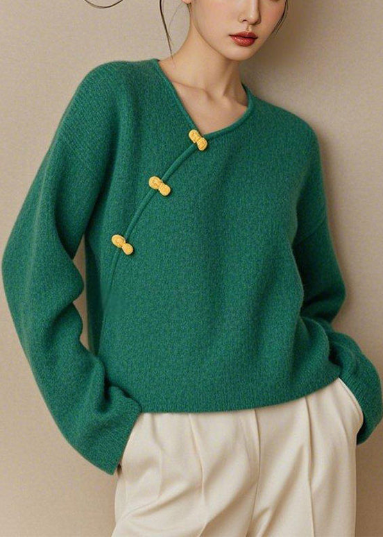 Simple Green V Neck Button Knit Sweater Fall