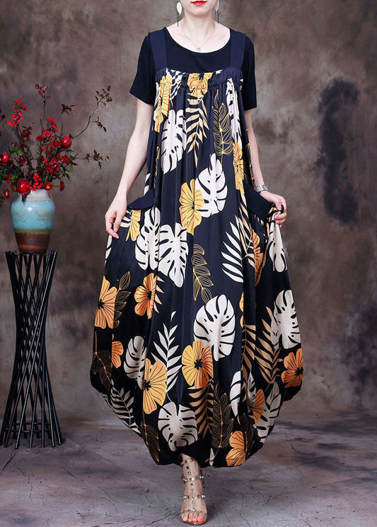Italian Black Pockets Print Silk Pleated Spaghetti Strap Dress and Tank Two Pieces Set Summer