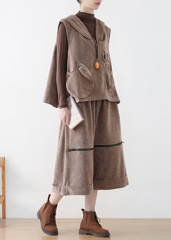 Khaki Velour Hooded Waistcoat and Crop Pants Two Pieces Set Fall