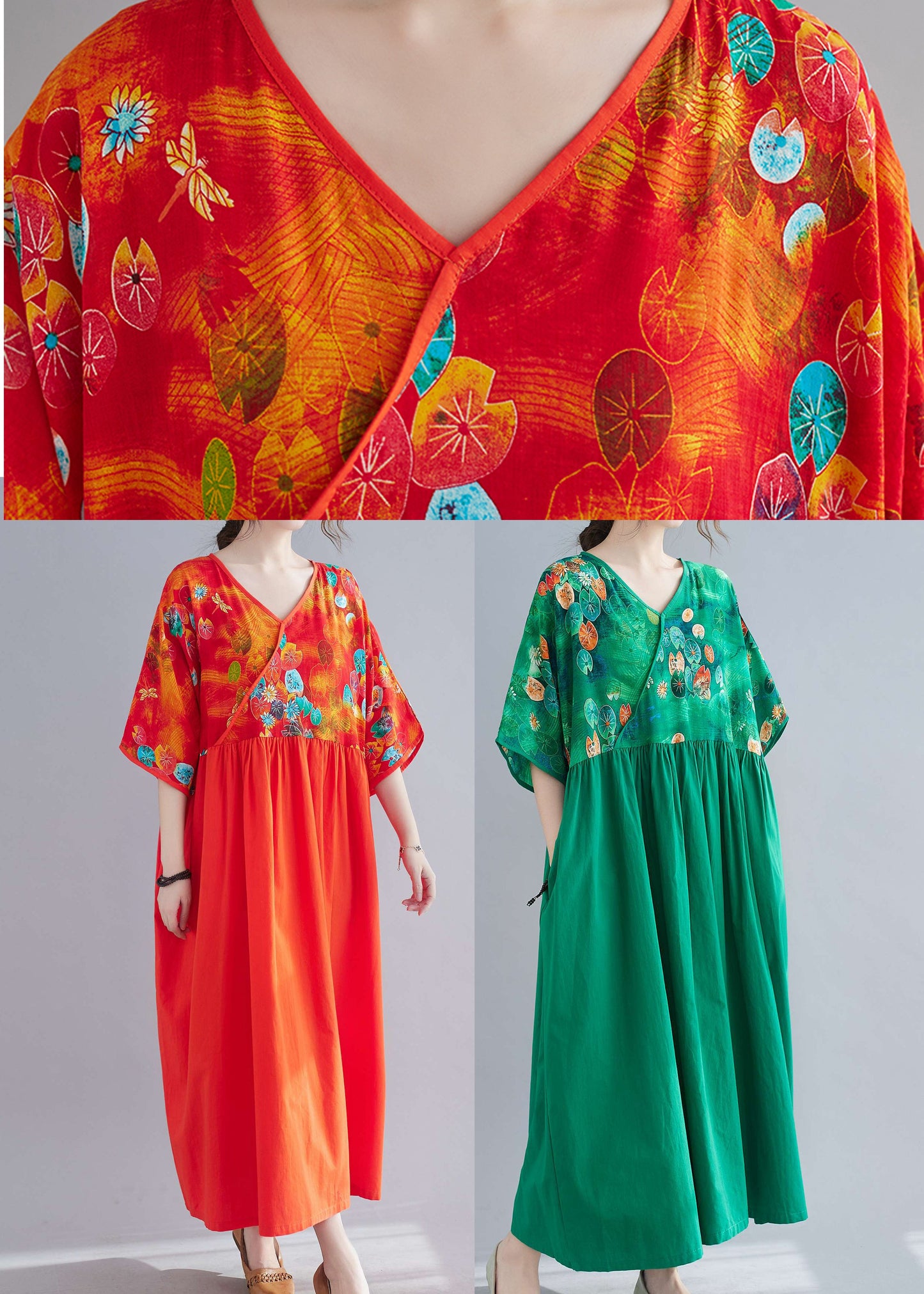 Green Cinched Print Long Dress Half Sleeve