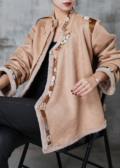 Khaki Chinese Button Patchwork Warm Fleece Coats Spring