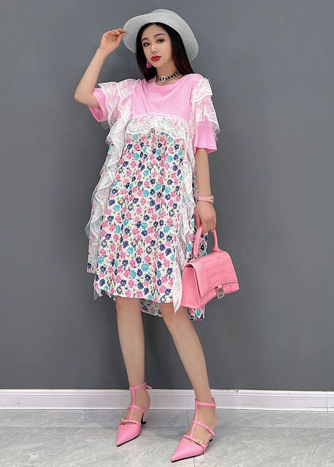 Pink Asymmetrical Print Holiday Dresses Short Sleeve