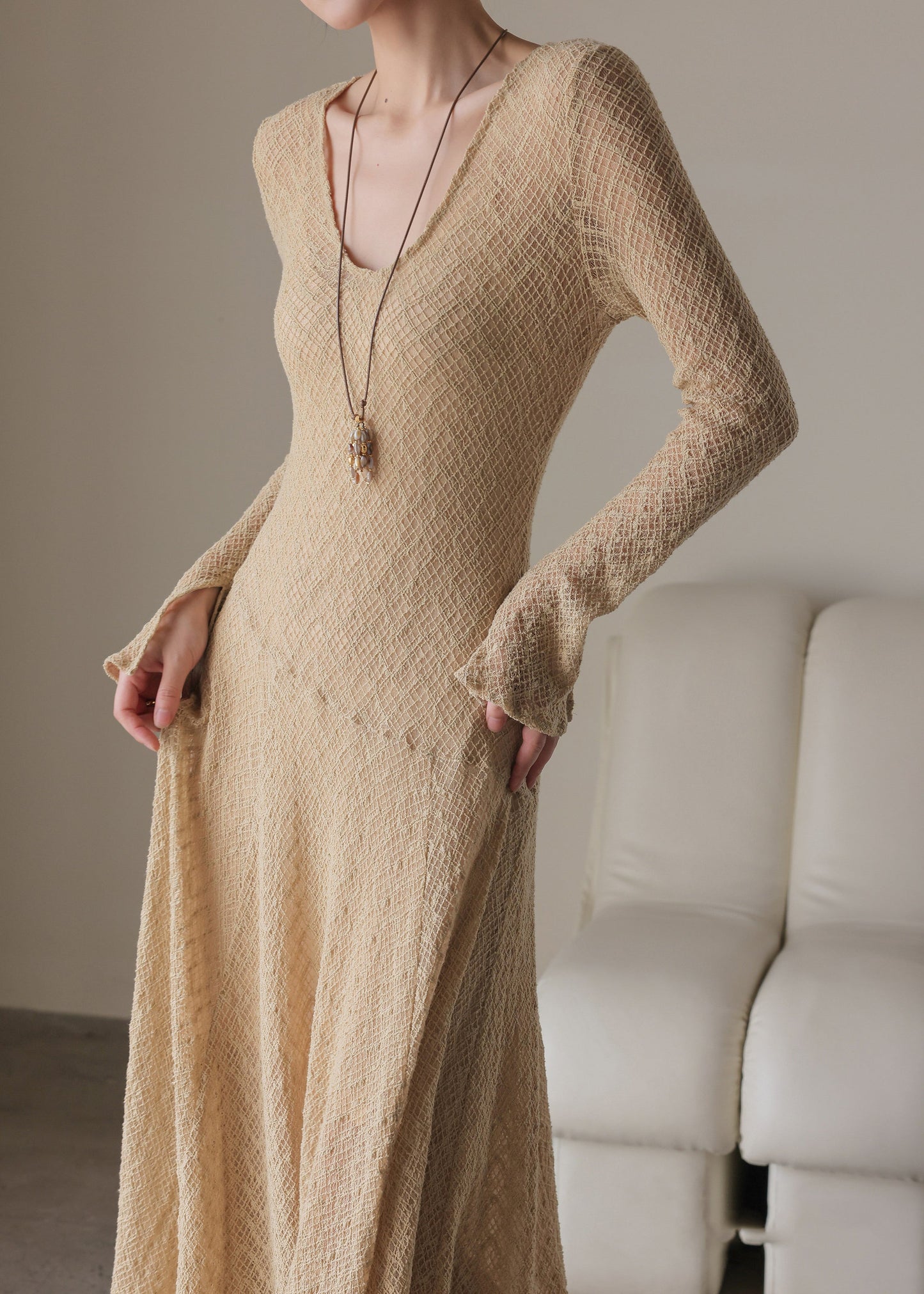 Handmade Khaki U Neck Maxi Dress Spring