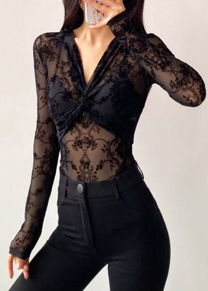 Black V Neck Flocking Wrinkled Tulle Bodysuit