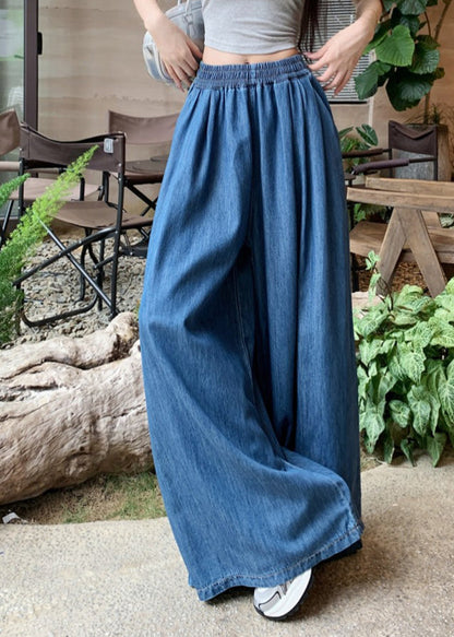 Navy Elastic Waist Denim Wide Leg Pants Summer