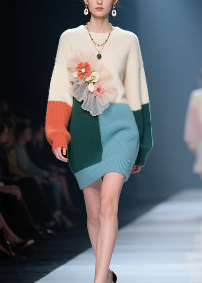 Colorblock O Neck Knit Sweaters Dress Fall