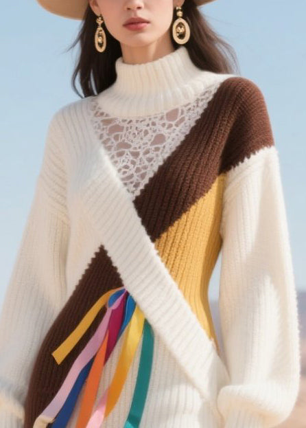 White Turtle Neck Patchwork Hollow Out Knitted Dress Winter