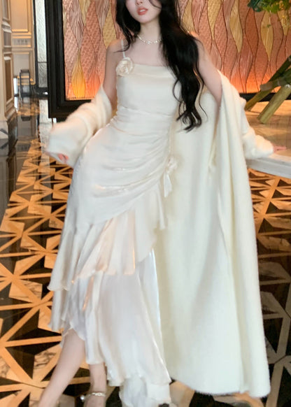 White High Waist Silk Party Dress Ruffled Summer