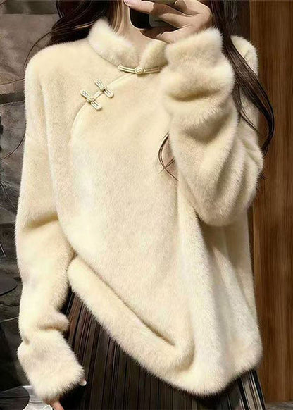 Simple Rose Stand Collar Chinese Button Mink Velvet Sweaters
