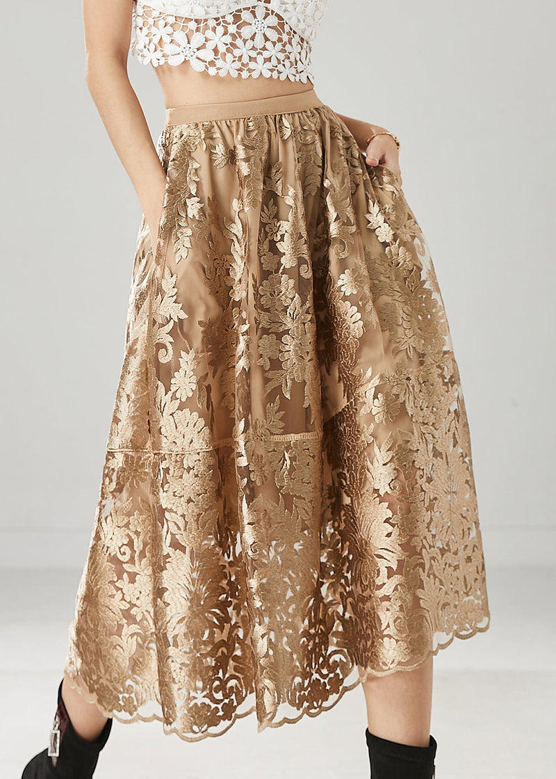 Brown Embroidered Tulle a Line Skirts Spring