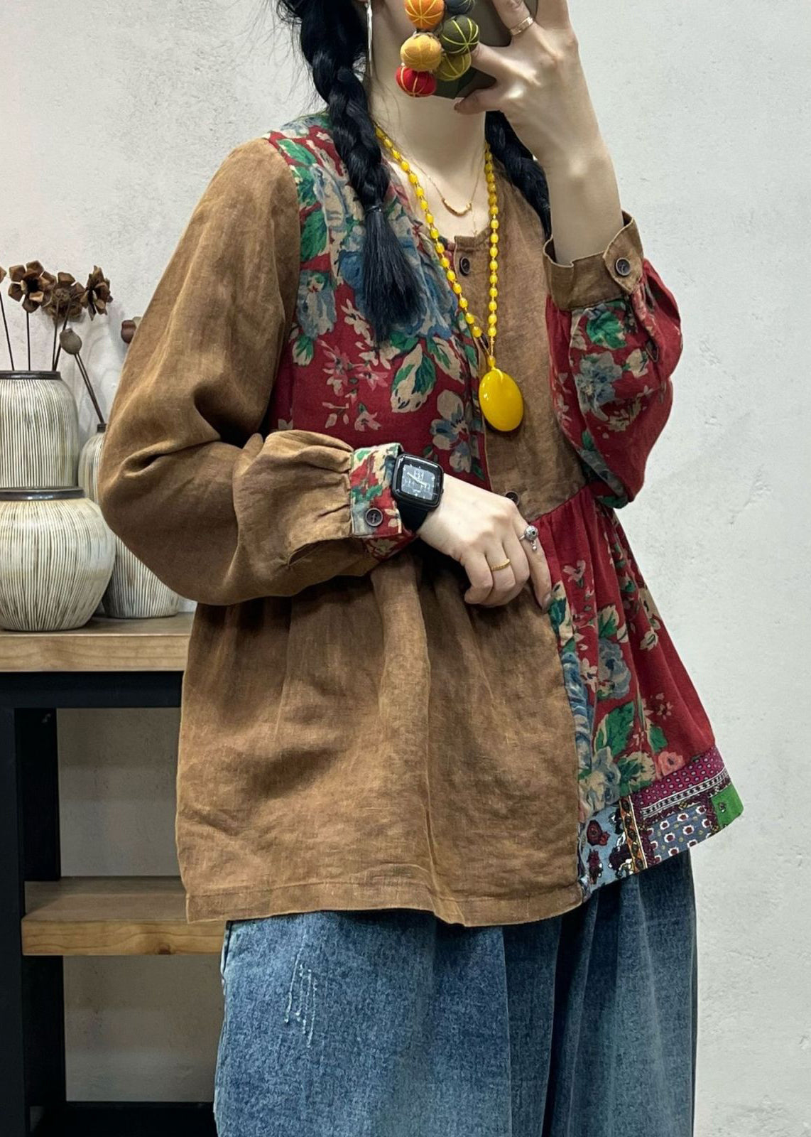 Black O Neck Print Patchwork Cotton Top Long Sleeve