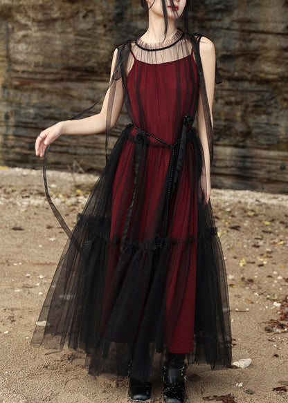 Black Stand Collar Tie Waist Tulle Dress Two Pieces Set Summer