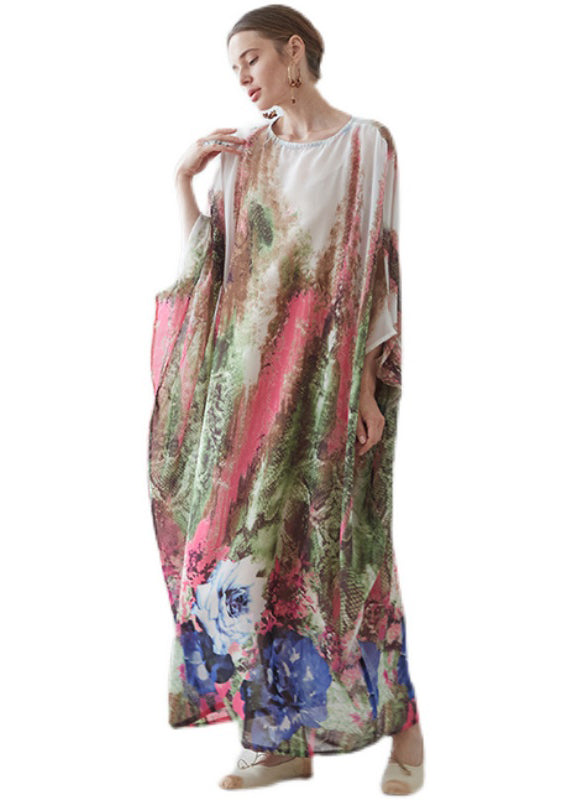 O Neck Print Chiffon Vacation Long Dresses Batwing Sleeve Summer