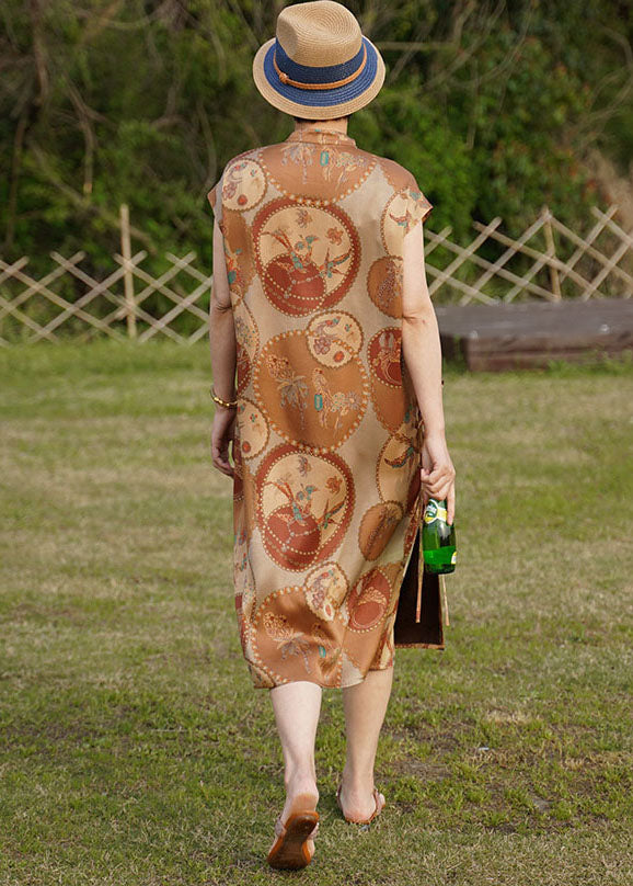 Original Design Khaki Mandarin Collar Print Side Open Silk Dresses Sleeveless